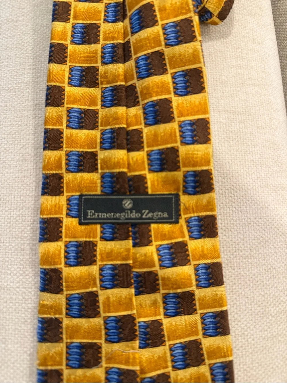Ermenegildo Zegna Men’s Gold Silk Tie Blue Brown Geometric Made in Italy Vintage